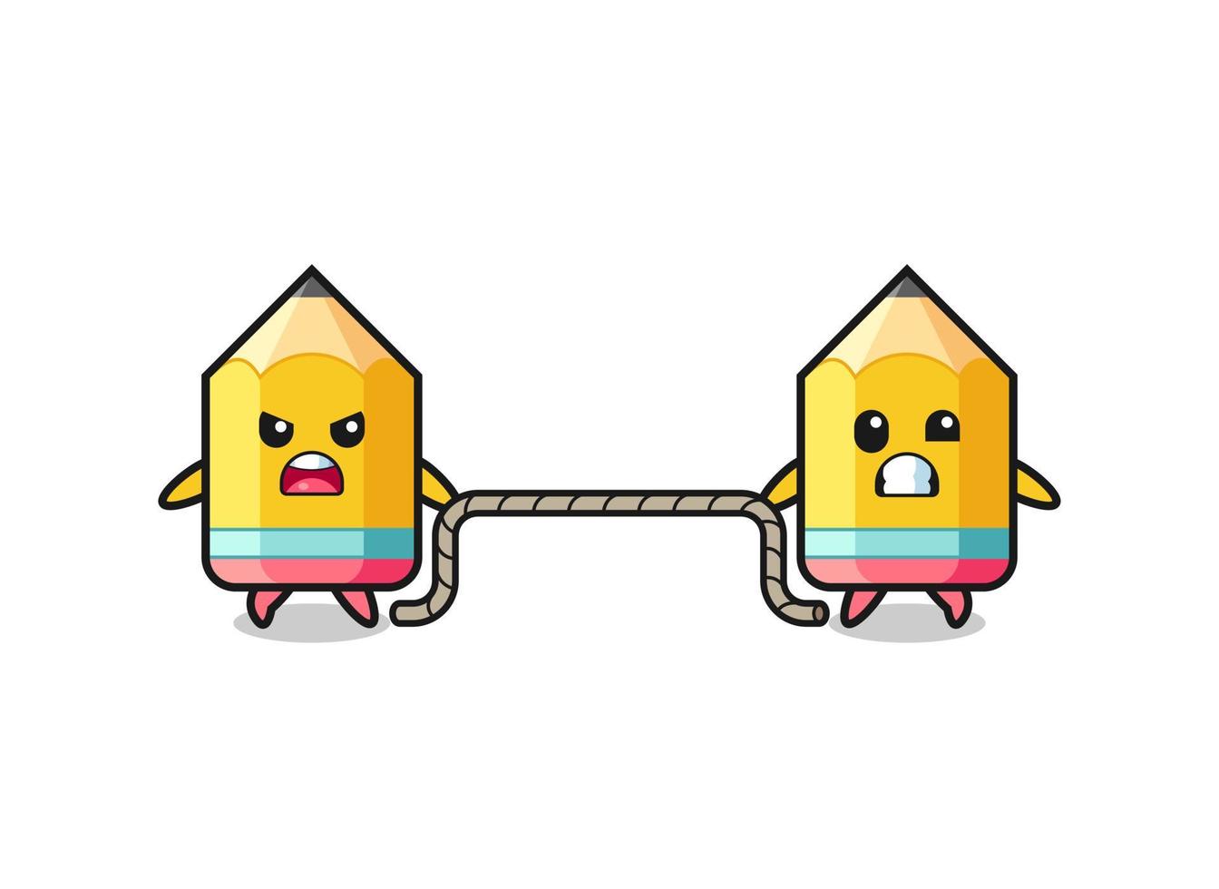 cute pencil character is playing tug of war game vector