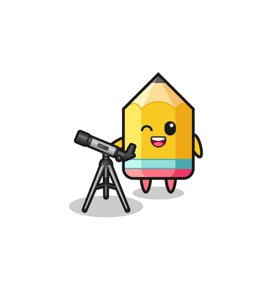 pencil astronomer mascot with a modern telescope vector