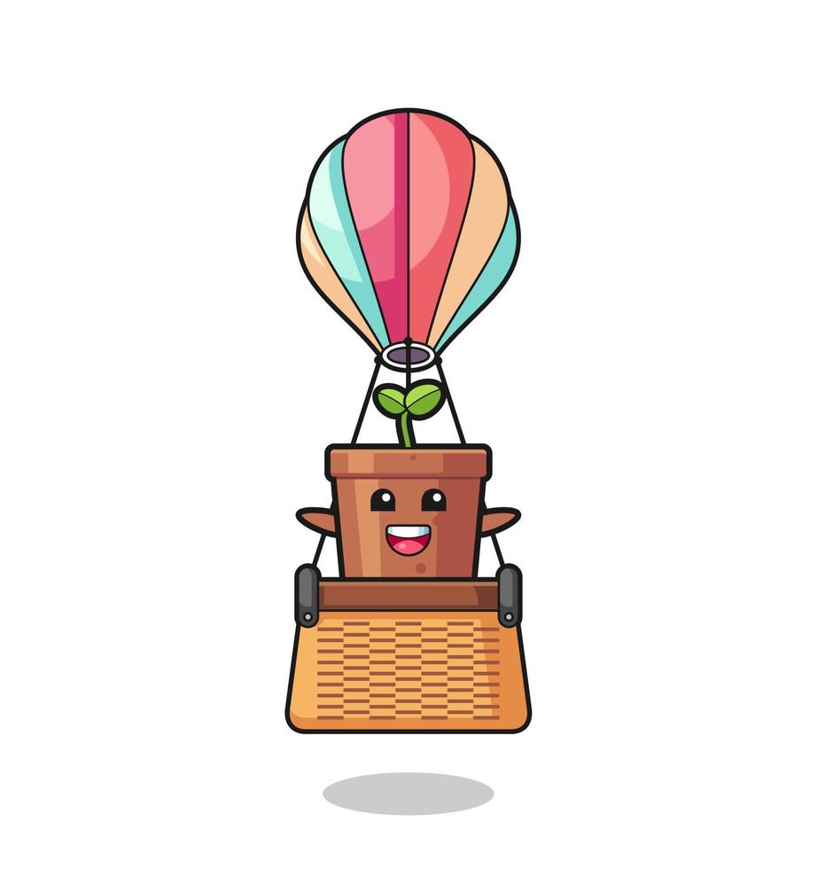 plant pot mascot riding a hot air balloon vector