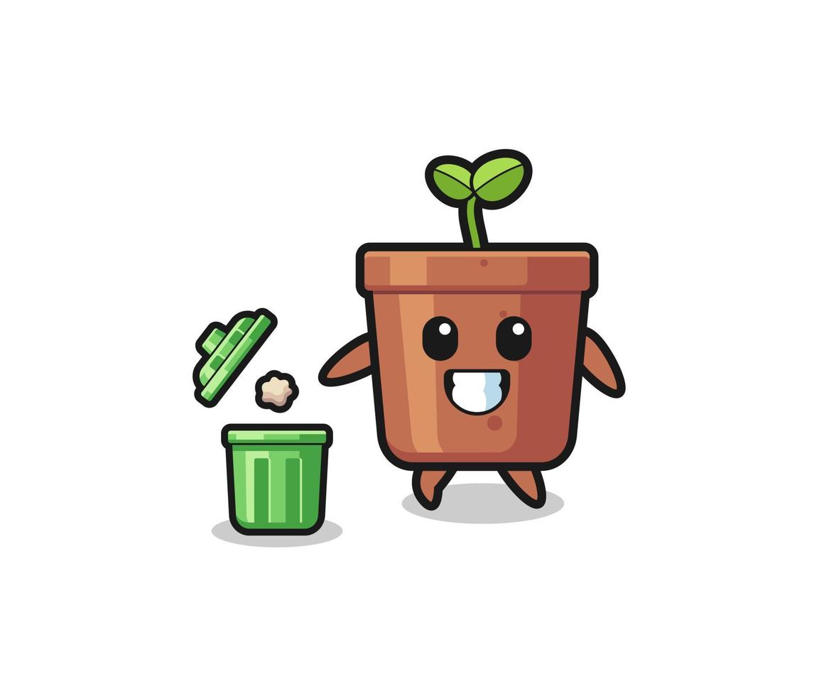 illustration of the plant pot throwing garbage in the trash can 5395882