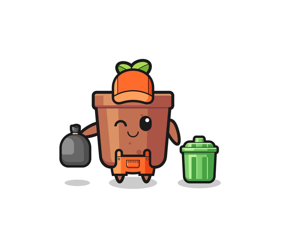 the mascot of cute plant pot as garbage collector vector