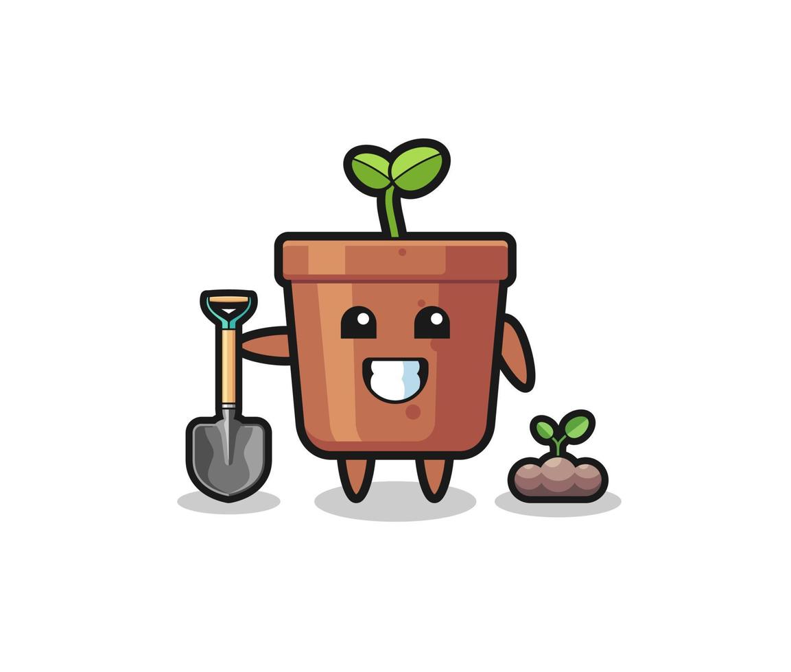 cute plant pot cartoon is planting a tree seed vector