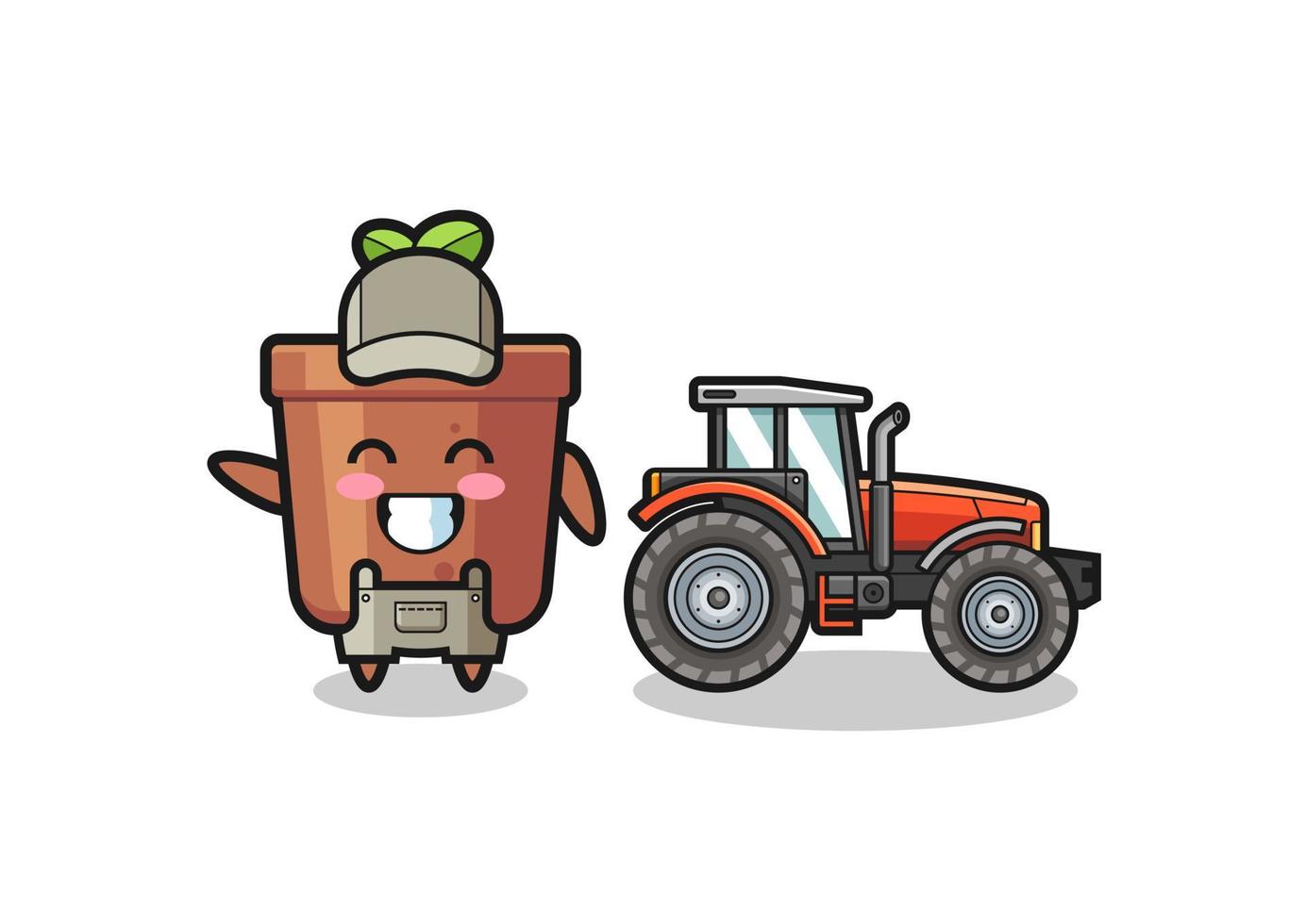 the plant pot farmer mascot standing beside a tractor vector
