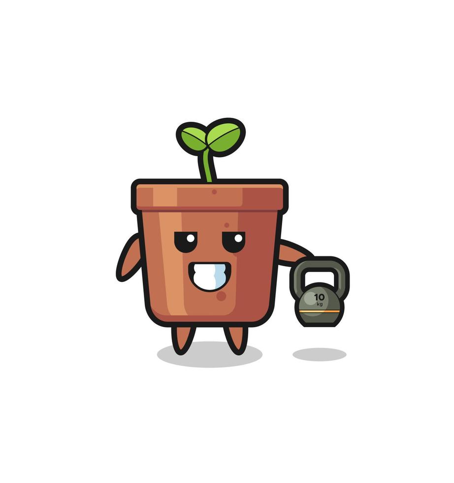 plant pot mascot lifting kettlebell in the gym vector