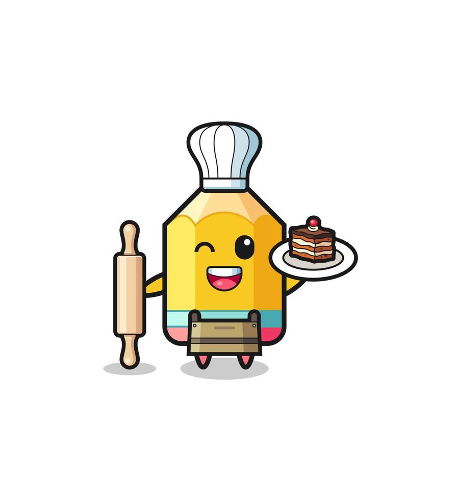 pencil as pastry chef mascot hold rolling pin vector