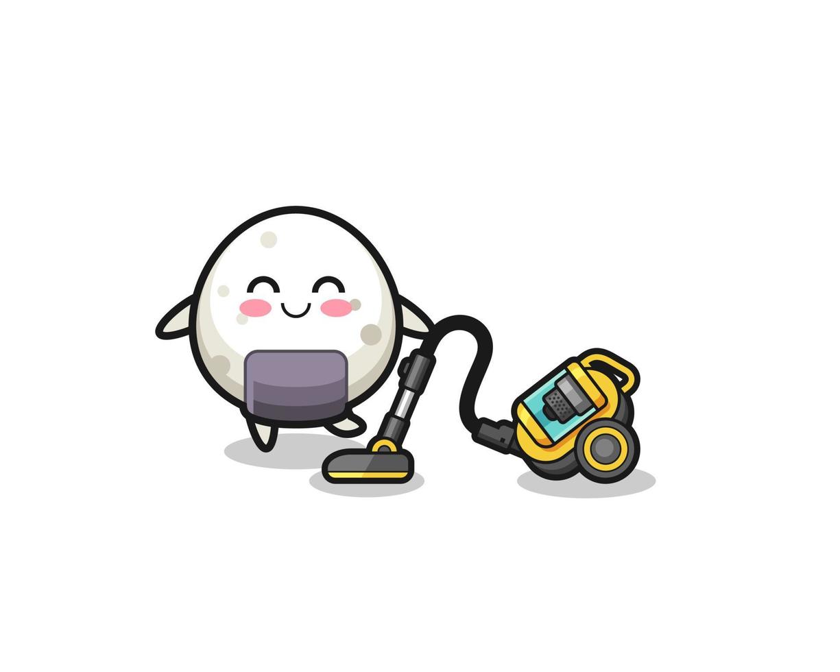 cute onigiri holding vacuum cleaner illustration vector