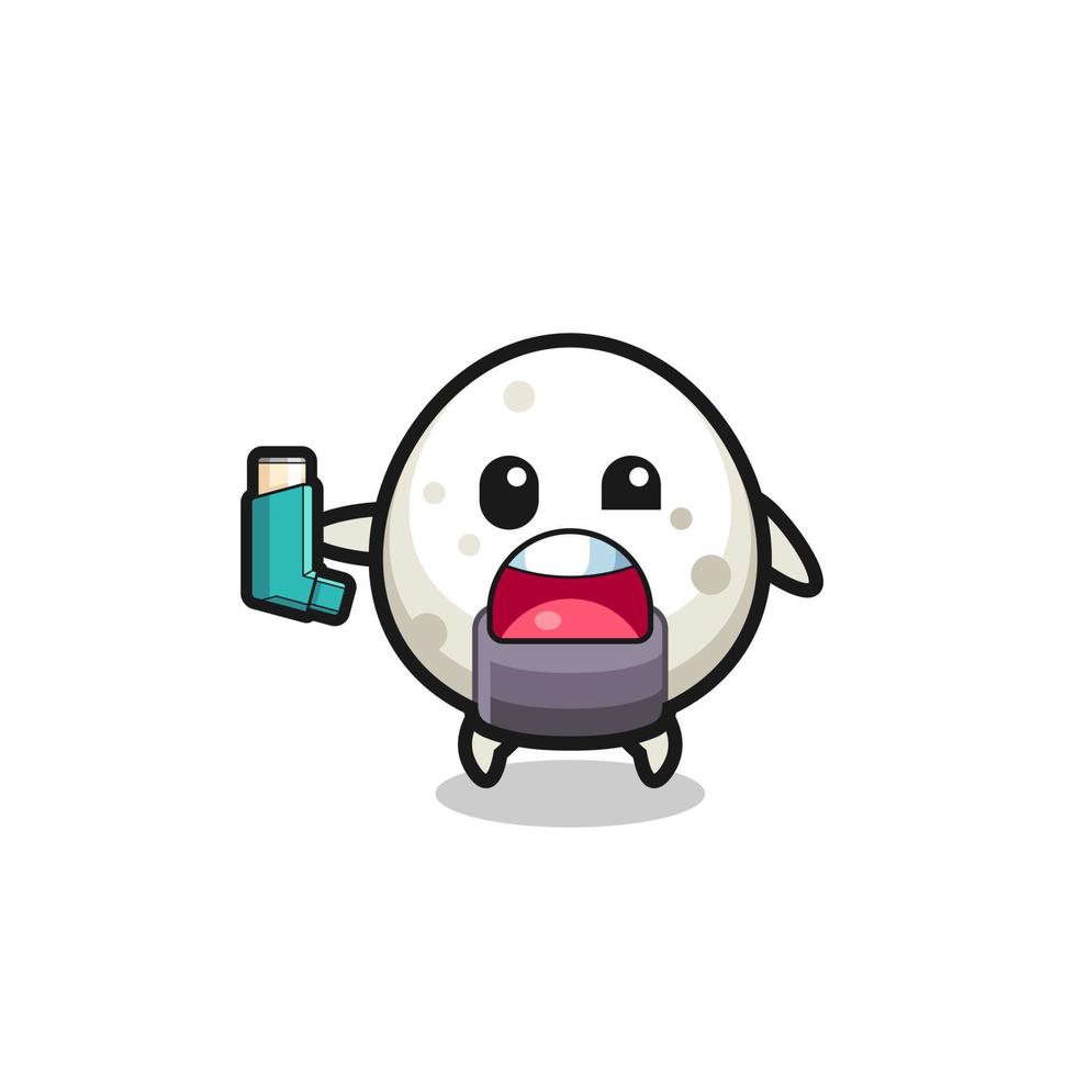 onigiri mascot having asthma while holding the inhaler vector