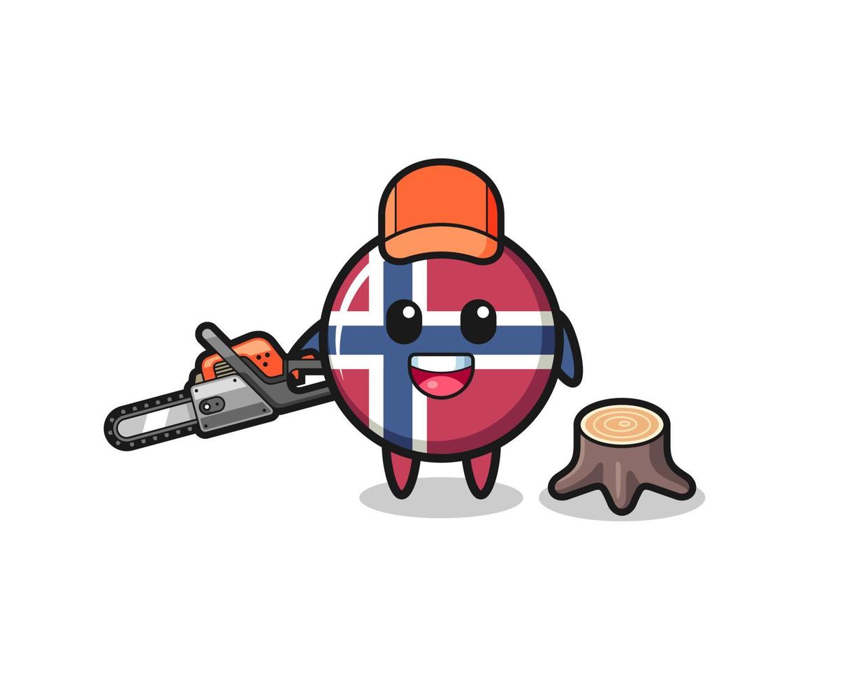 norway flag lumberjack character holding a chainsaw vector