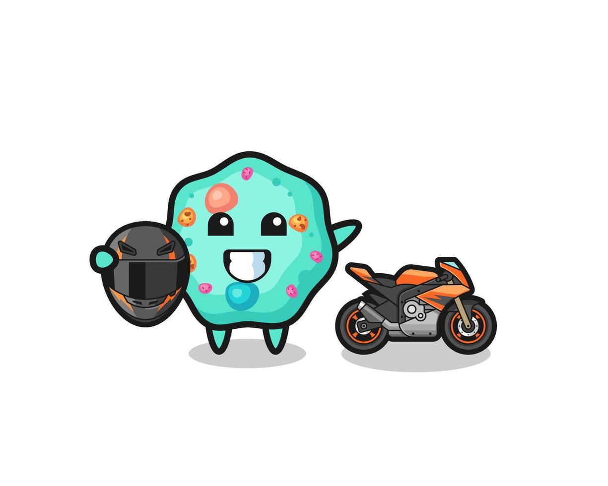cute amoeba cartoon as a motorcycle racer vector