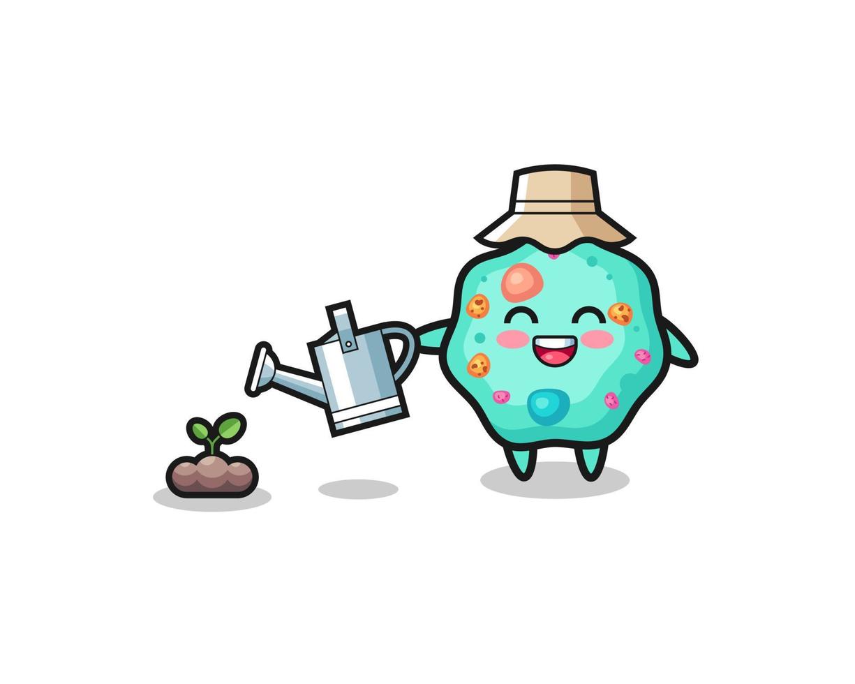 cute amoeba is watering plant seeds vector