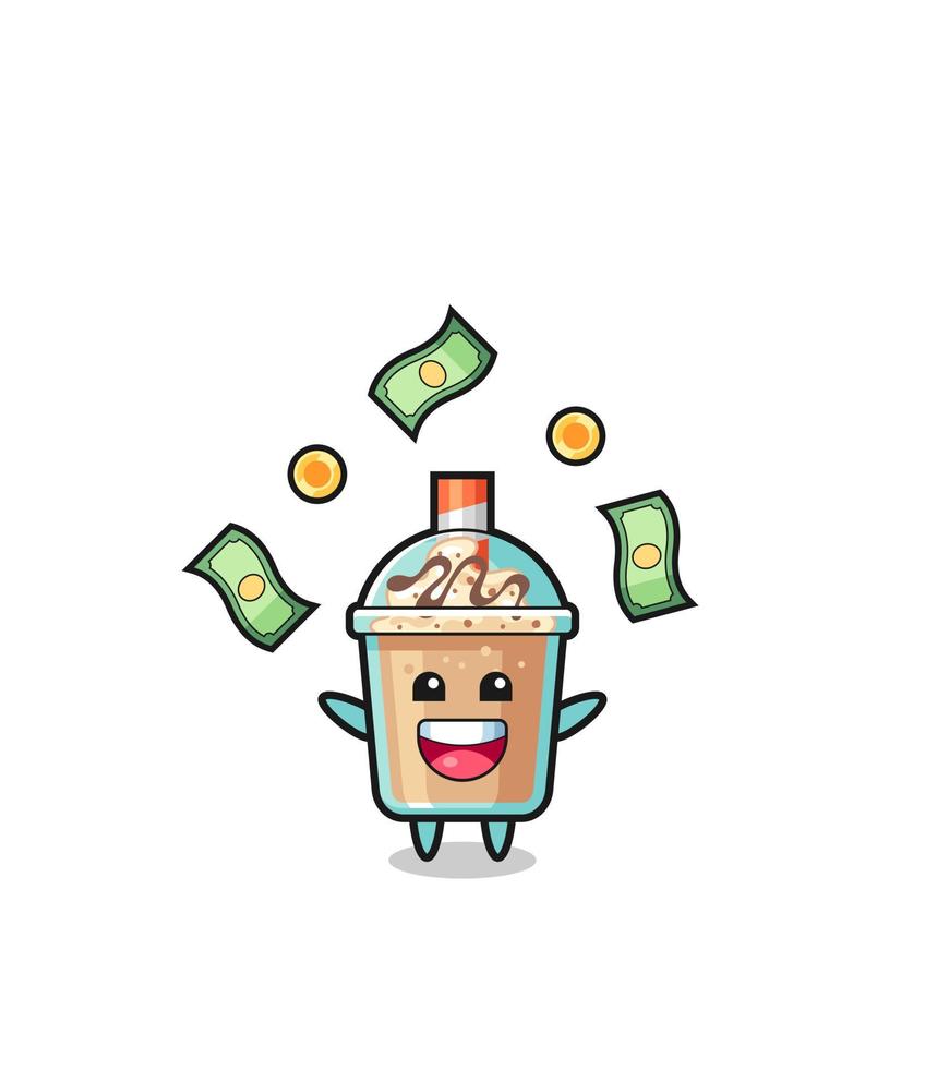 illustration of the milkshake catching money falling from the sky vector