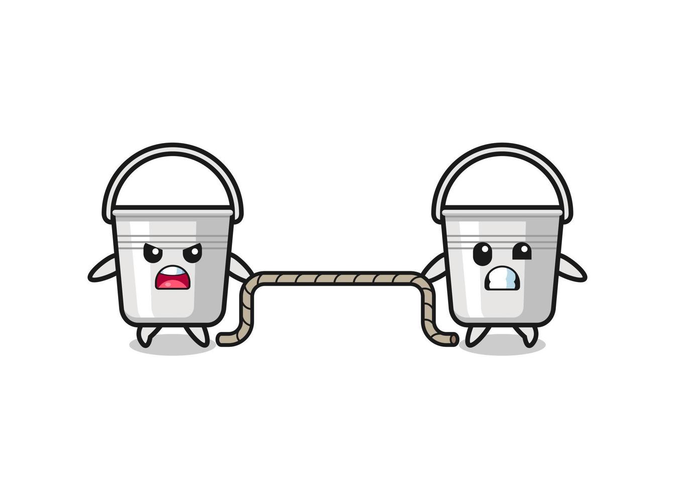 cute metal bucket character is playing tug of war game vector