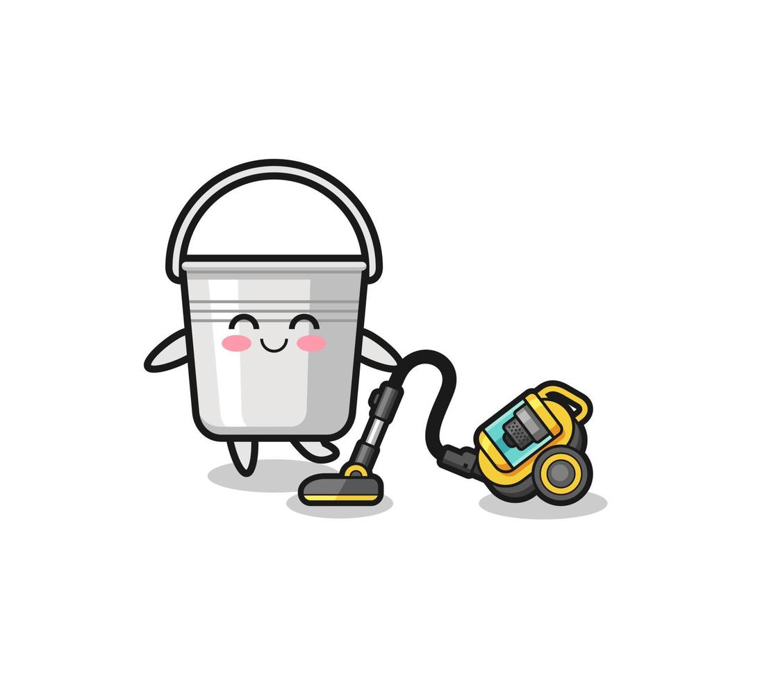cute metal bucket holding vacuum cleaner illustration vector