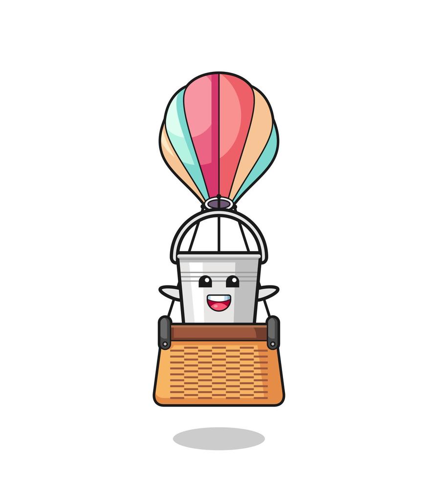 metal bucket mascot riding a hot air balloon vector