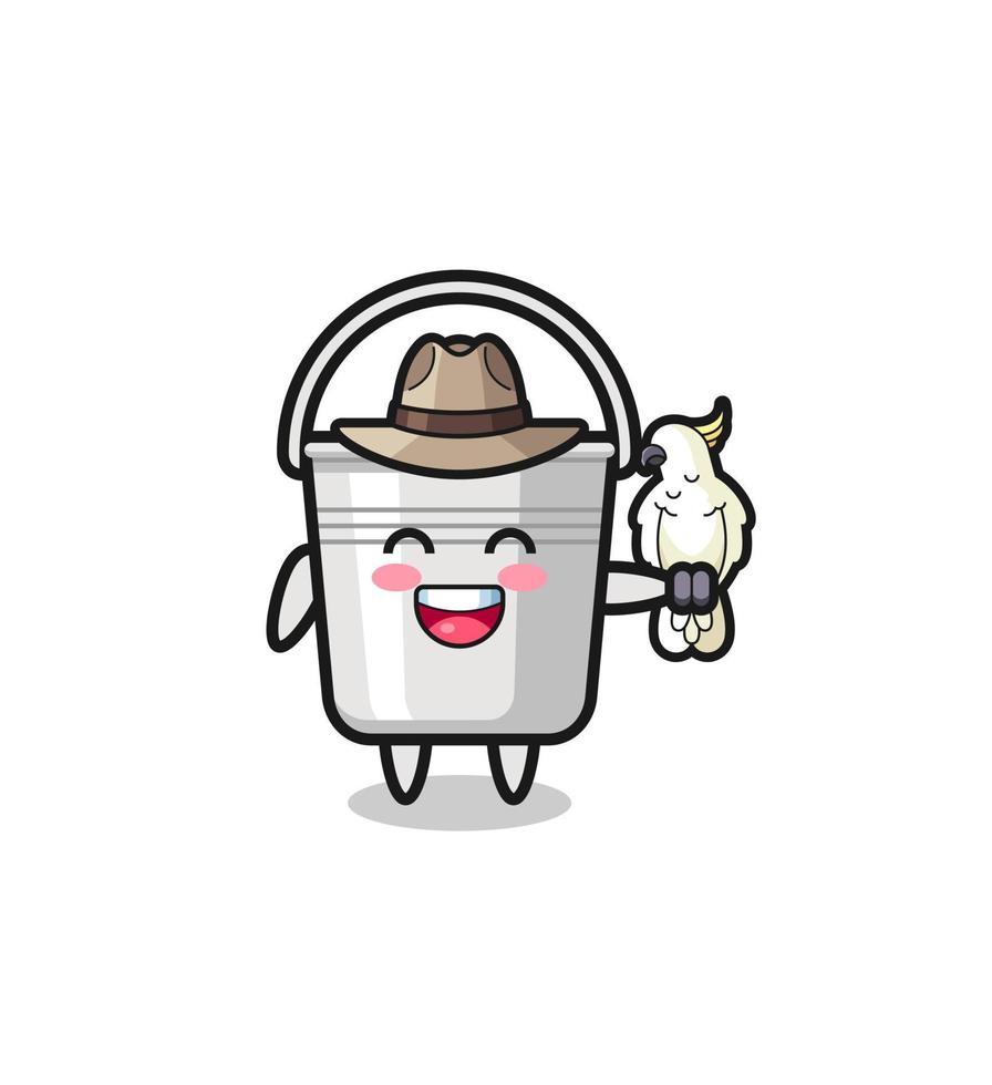 metal bucket zookeeper mascot with a parrot vector