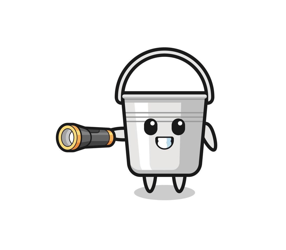 metal bucket mascot holding flashlight vector