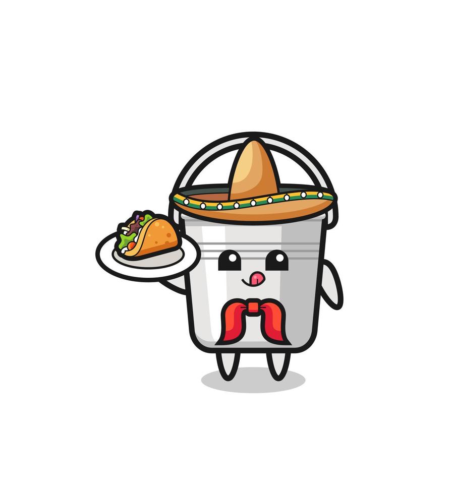 cubo de metal mascota del chef mexicano sosteniendo un taco vector