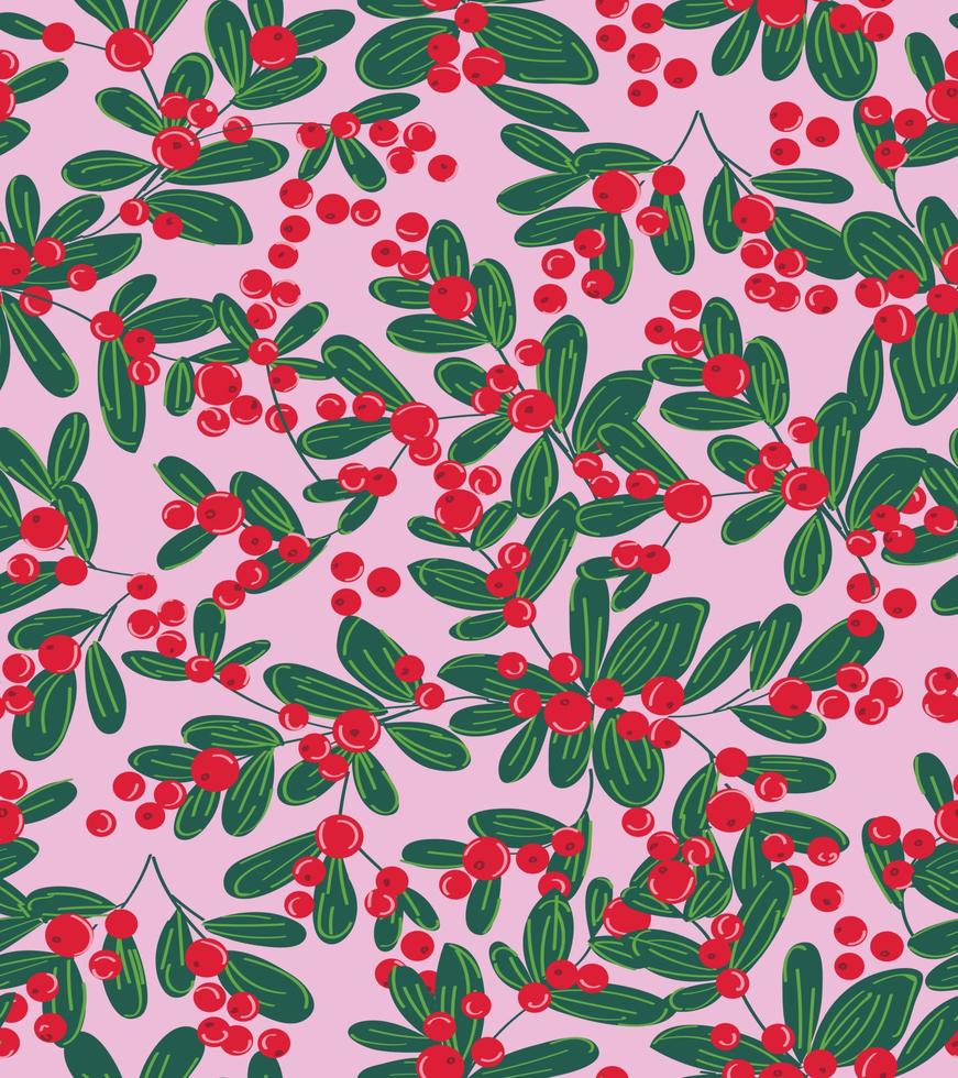 leaves and berry seamless pattern on pink vector