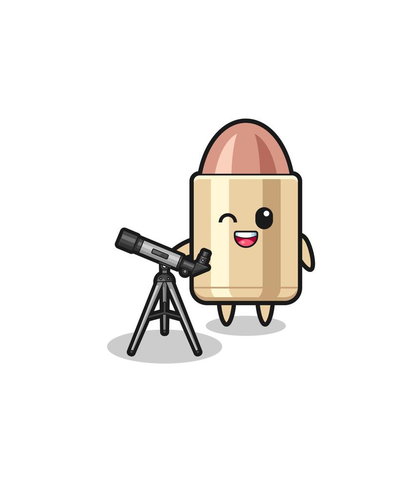 mascota de astrónomo de bala con un telescopio moderno vector