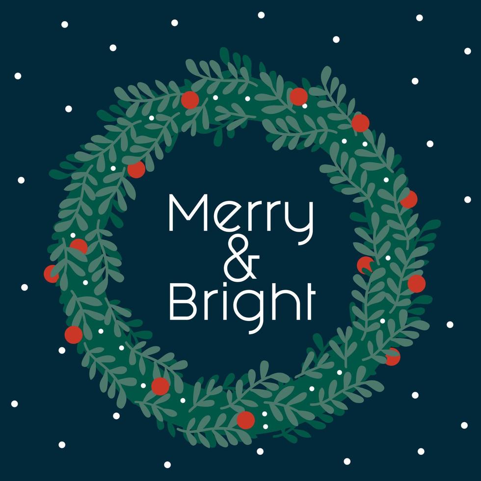 merry and bright wreath on navy vector