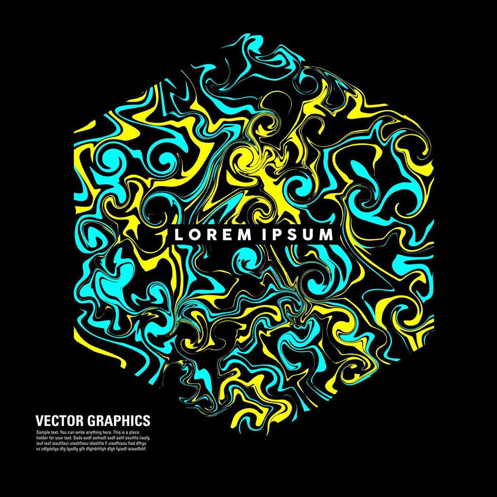 Abstract fluid art hexagon shape with mixed light blue and yellow paint. Vector illustration