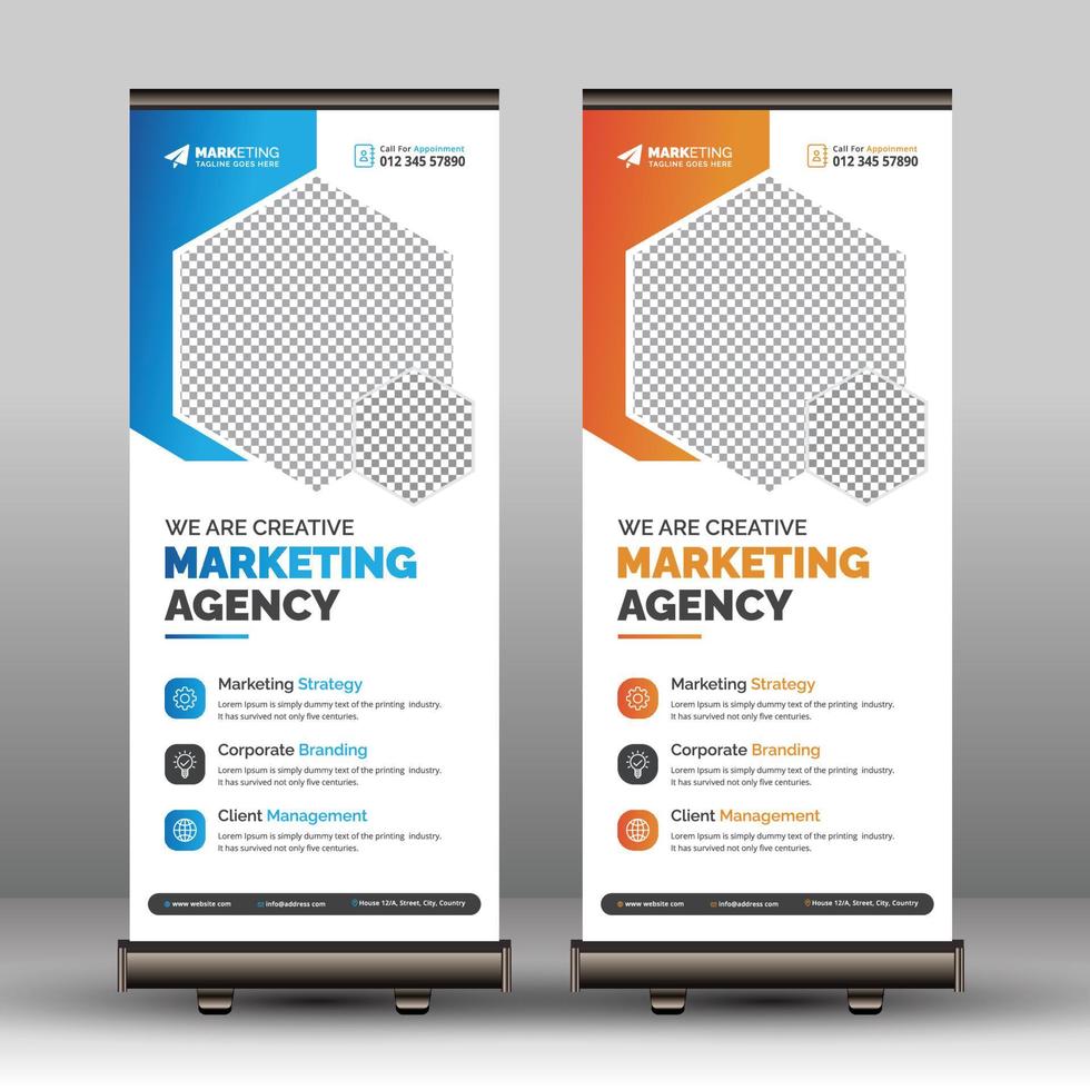 plantilla de banner roll up corporativo, diseño emergente de standee x banner de señalización comercial moderna con formas de polígono vector