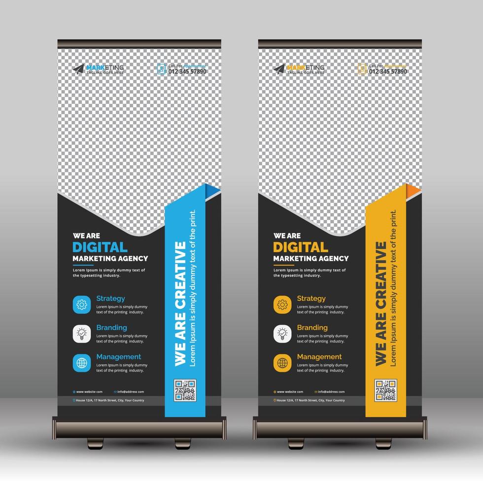 Creative Unique Corporate Roll Up Banner Template Example Sample, Modern Business Signage Standee X Banner Pop Up Design Download with Abstract Shapes vector