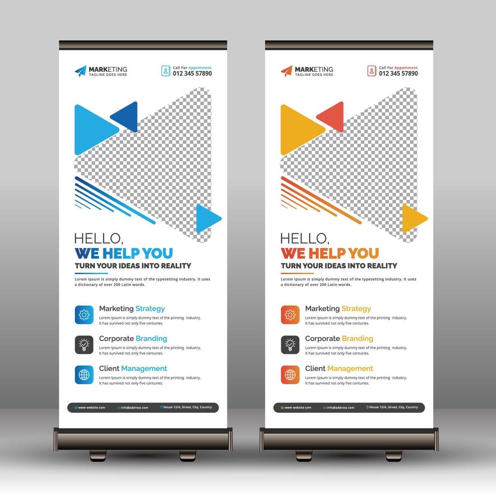 Blue Yellow Corporate Roll Up Banner Template Example, Modern Business Signage Standee X Banner Pop Up Design Sample with Abstract Shapes vector