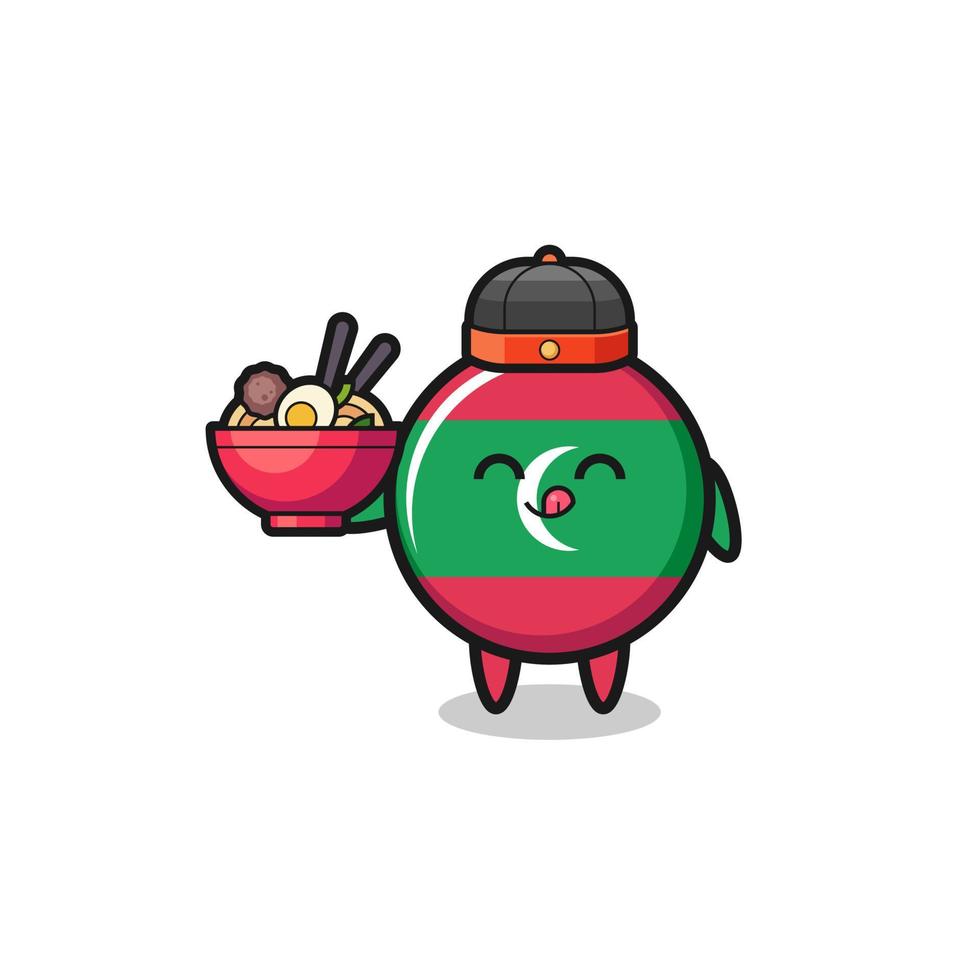maldives flag as Chinese chef mascot holding a noodle bowl vector