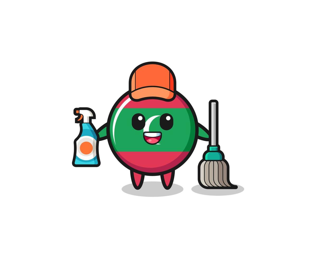 lindo personaje de la bandera de maldivas como mascota de los servicios de limpieza vector