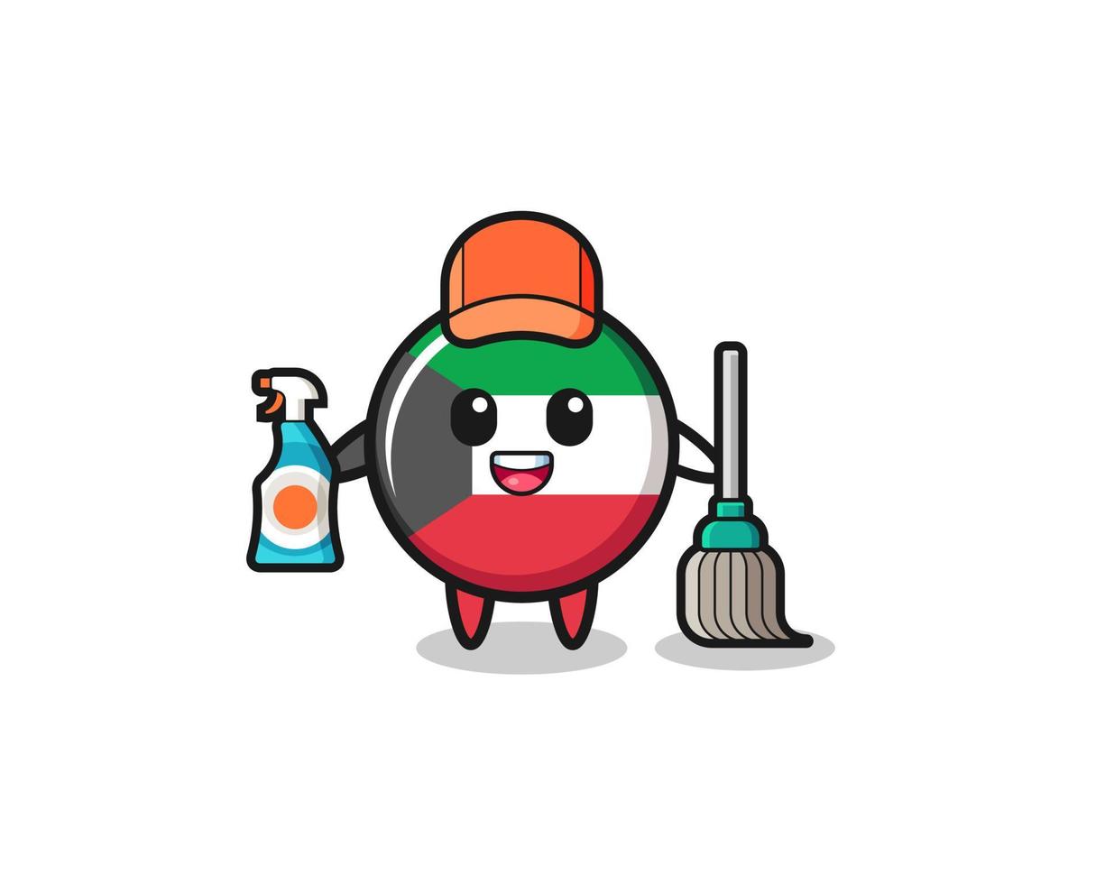 lindo personaje de la bandera de kuwait como mascota de los servicios de limpieza vector