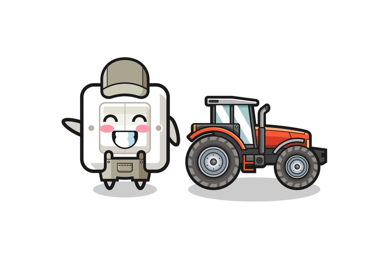 the light switch farmer mascot standing beside a tractor vector