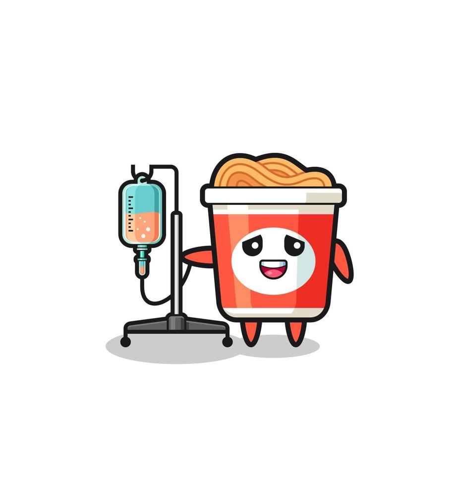 cute instant noodle character standing with infusion pole vector