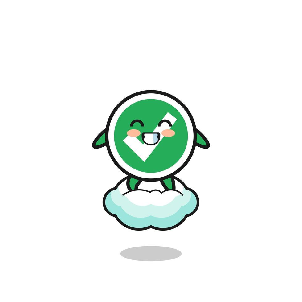 cute check mark illustration riding a floating cloud vector