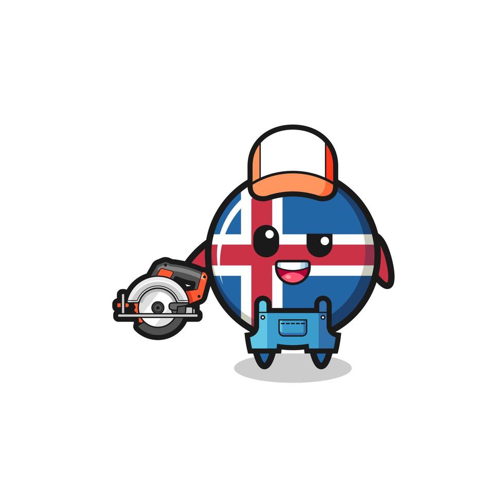 la mascota de la bandera de islandia carpintero sosteniendo una sierra circular vector
