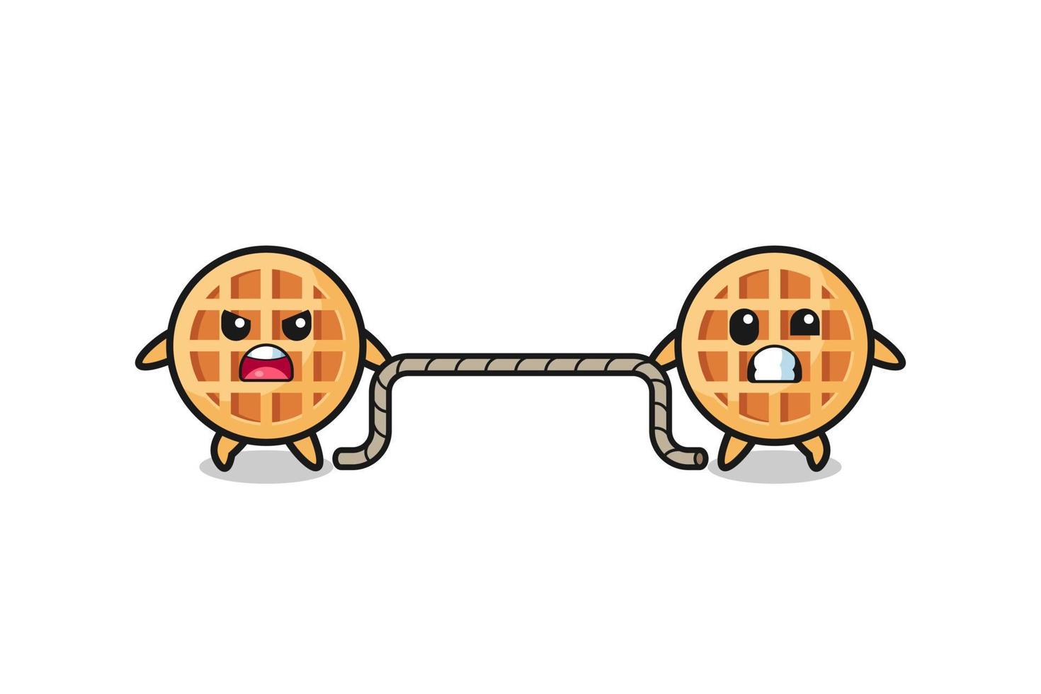 cute circle waffle character is playing tug of war game vector