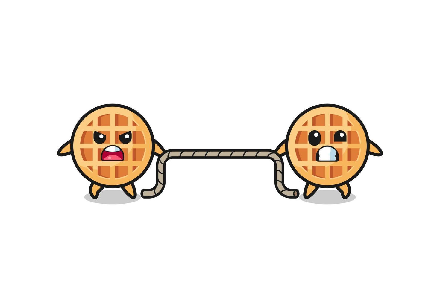 cute circle waffle character is playing tug of war game vector