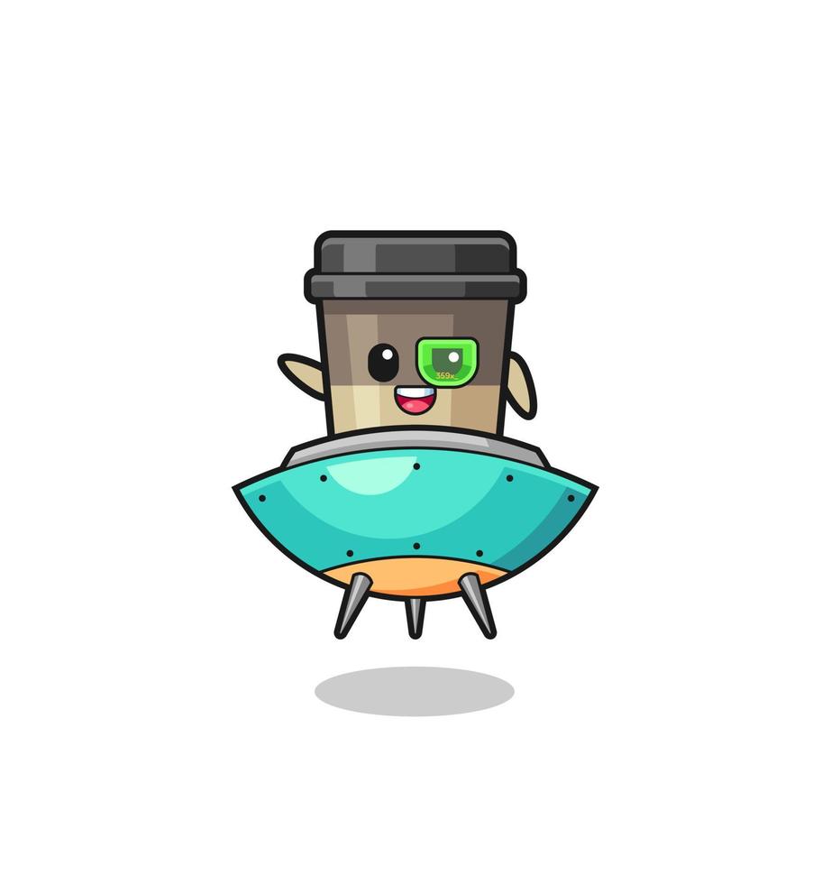 coffee cup cartoon riding a future spaceship vector