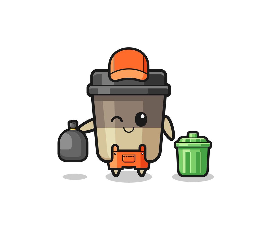 the mascot of cute coffee cup as garbage collector vector