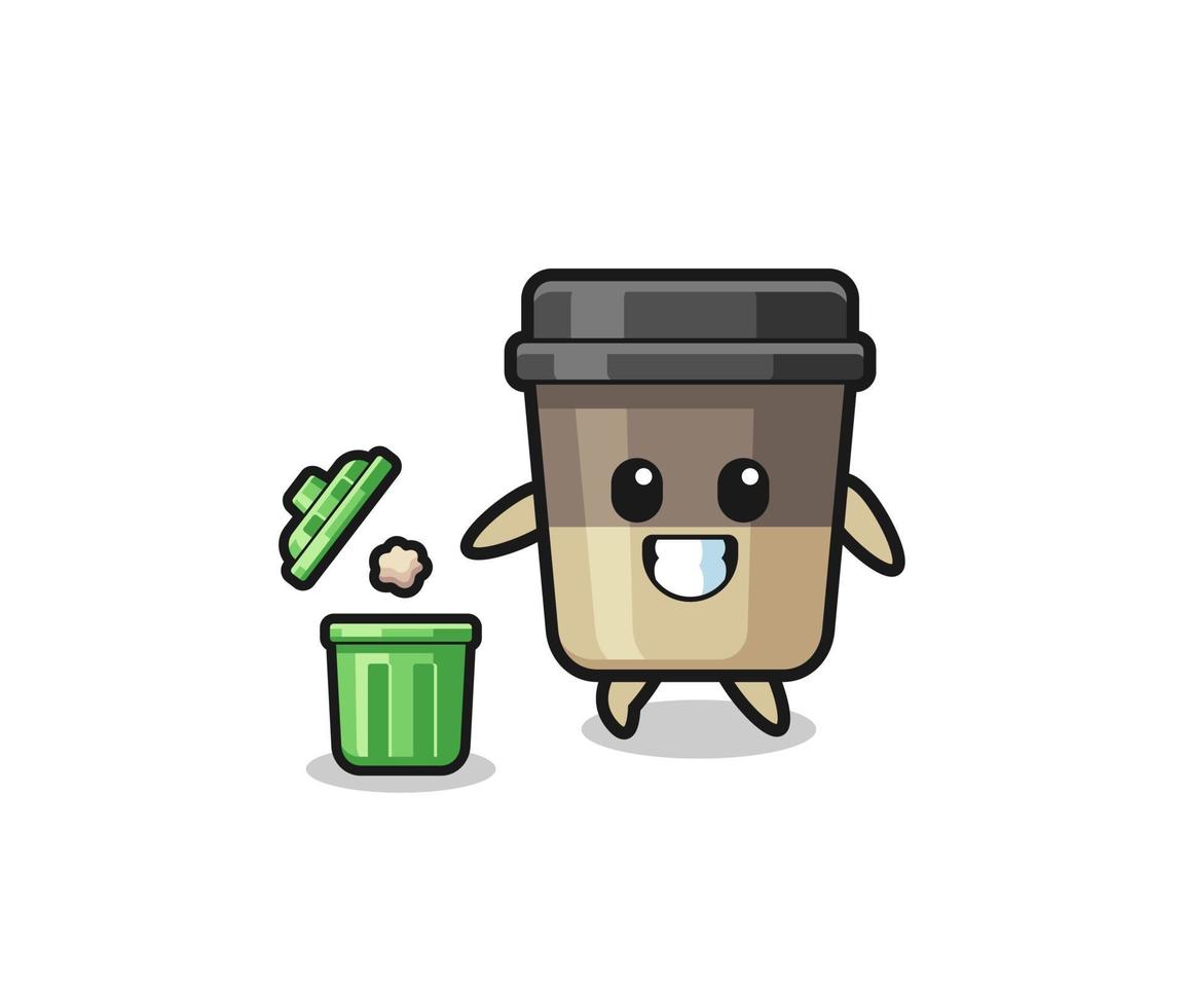 illustration of the coffee cup throwing garbage in the trash can vector