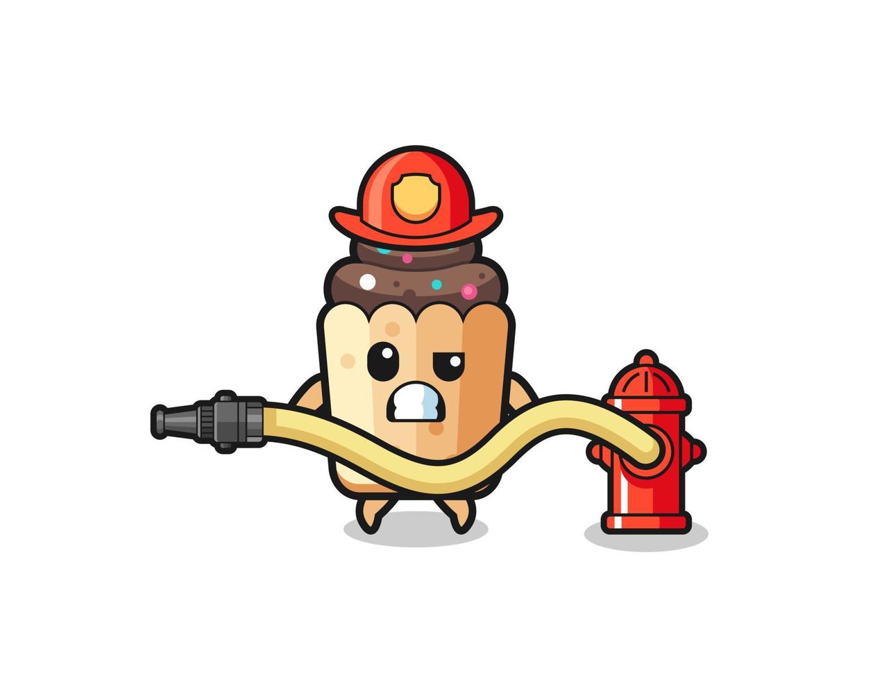 cupcake cartoon as firefighter mascot with water hose vector