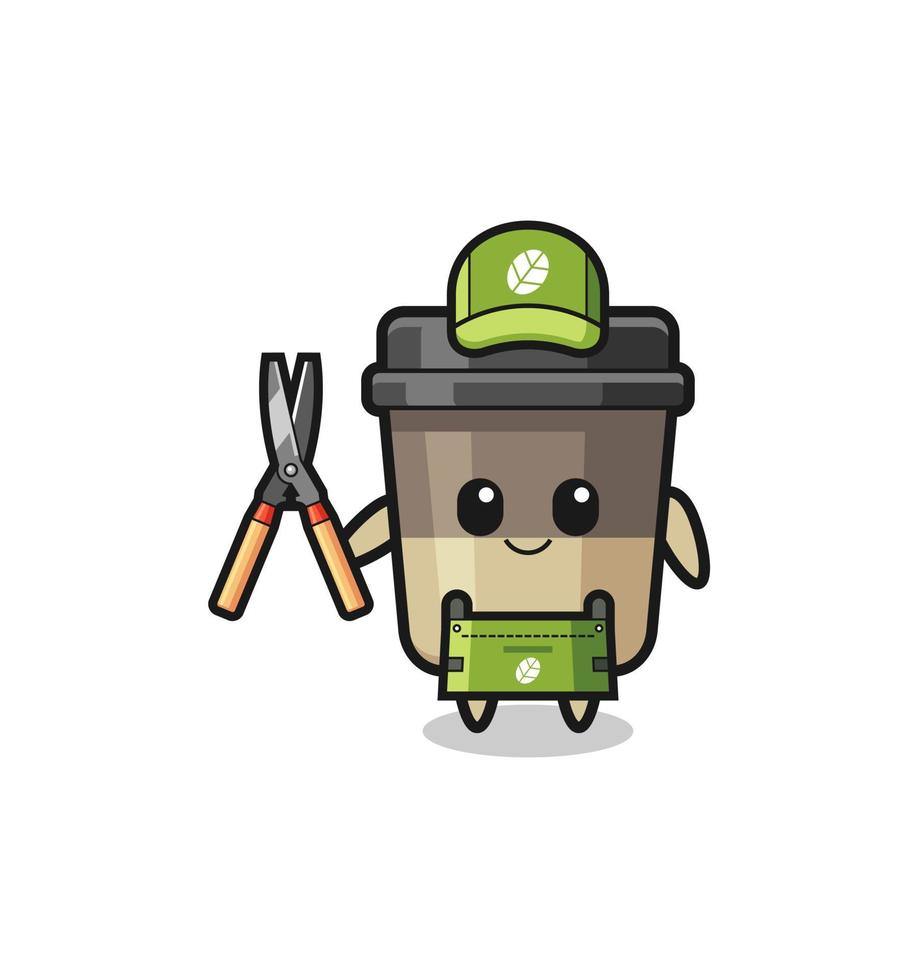 cute coffee cup as gardener mascot vector