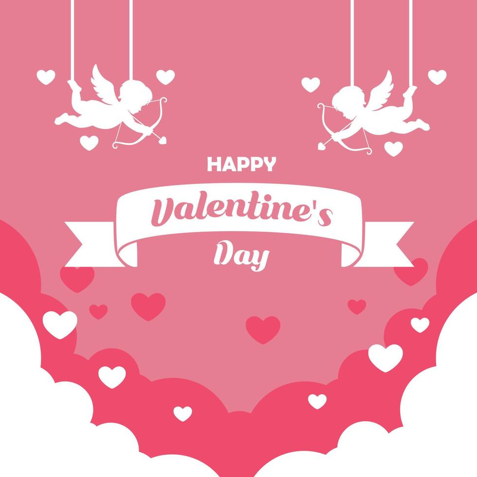 Free Valentine Day Poster with Illustration of Cupid use love arrow and type on ribbon Paper style . Perfect for Social Media Feed Post or Material Editable vector