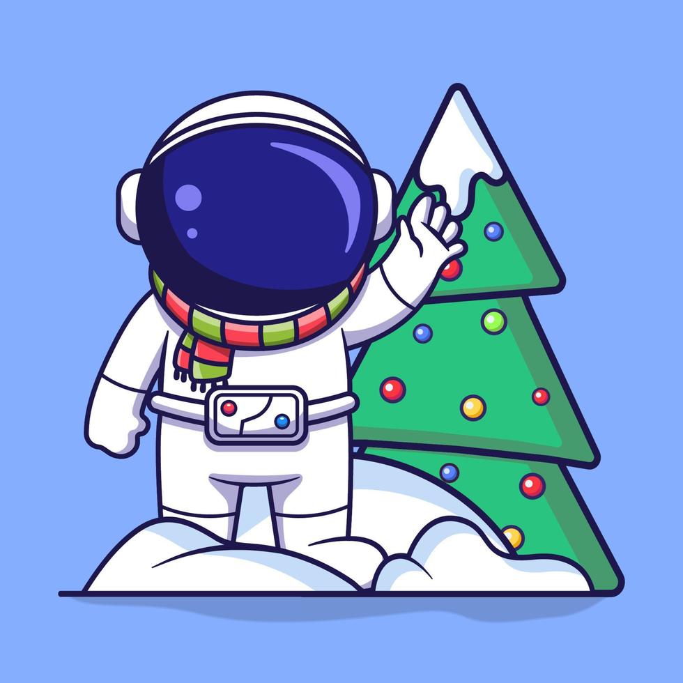 lindo personaje de astronauta de pie sobre la pila de nieve y el árbol de navidad. ilustración de estilo de dibujos animados plana vector