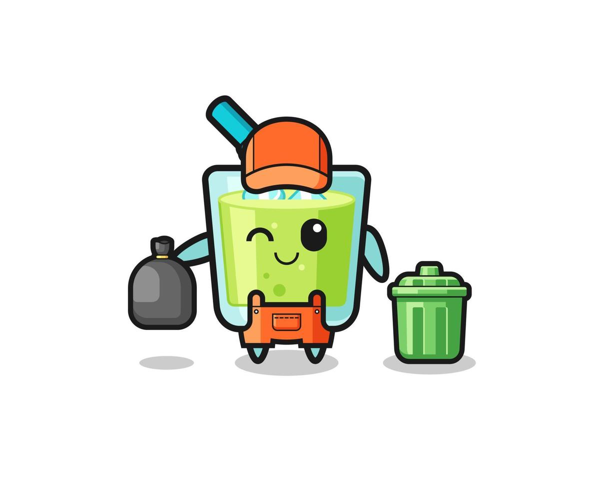 the mascot of cute melon juice as garbage collector vector
