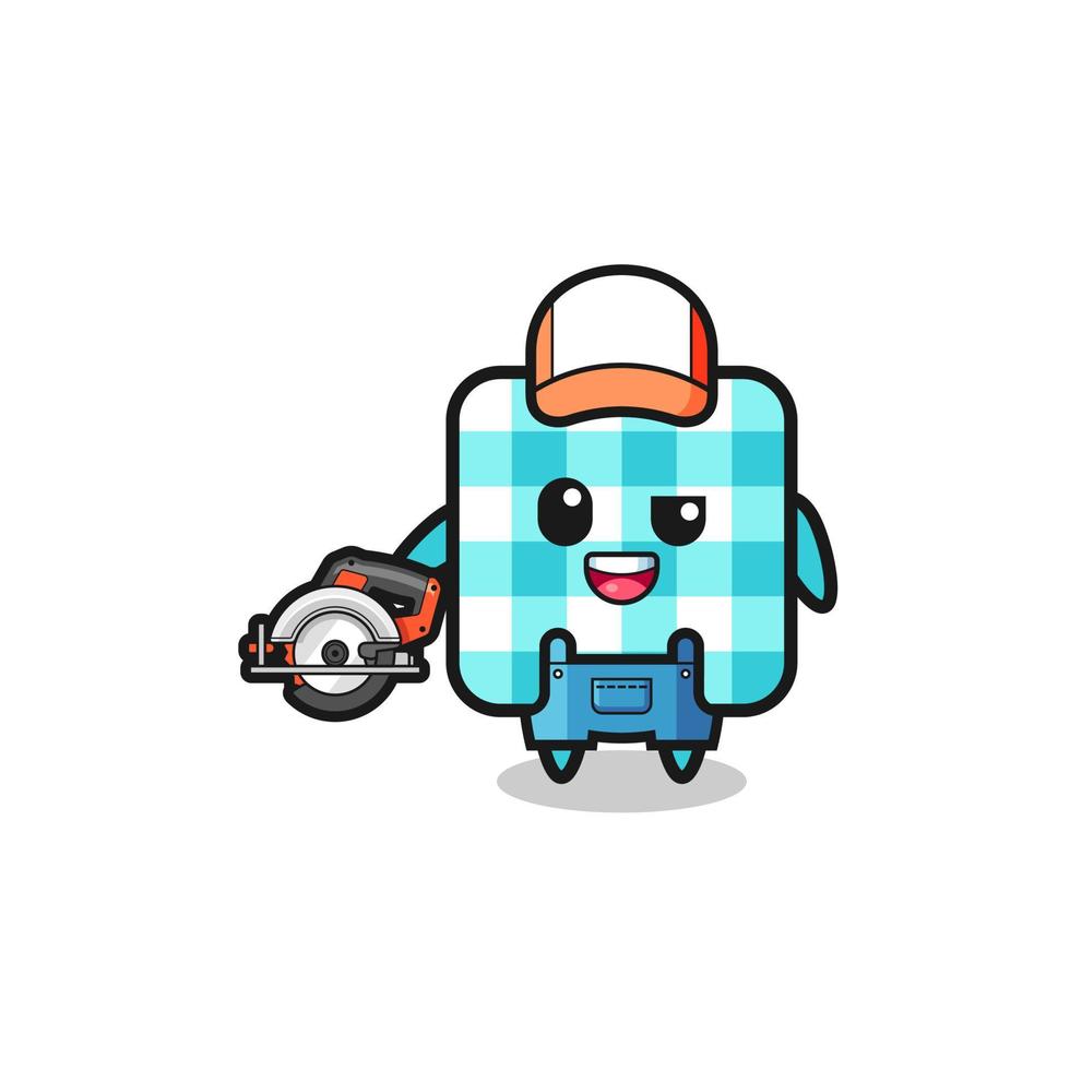 the woodworker checkered tablecloth mascot holding a circular saw vector