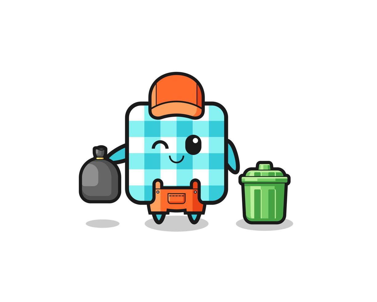 the mascot of cute checkered tablecloth as garbage collector vector
