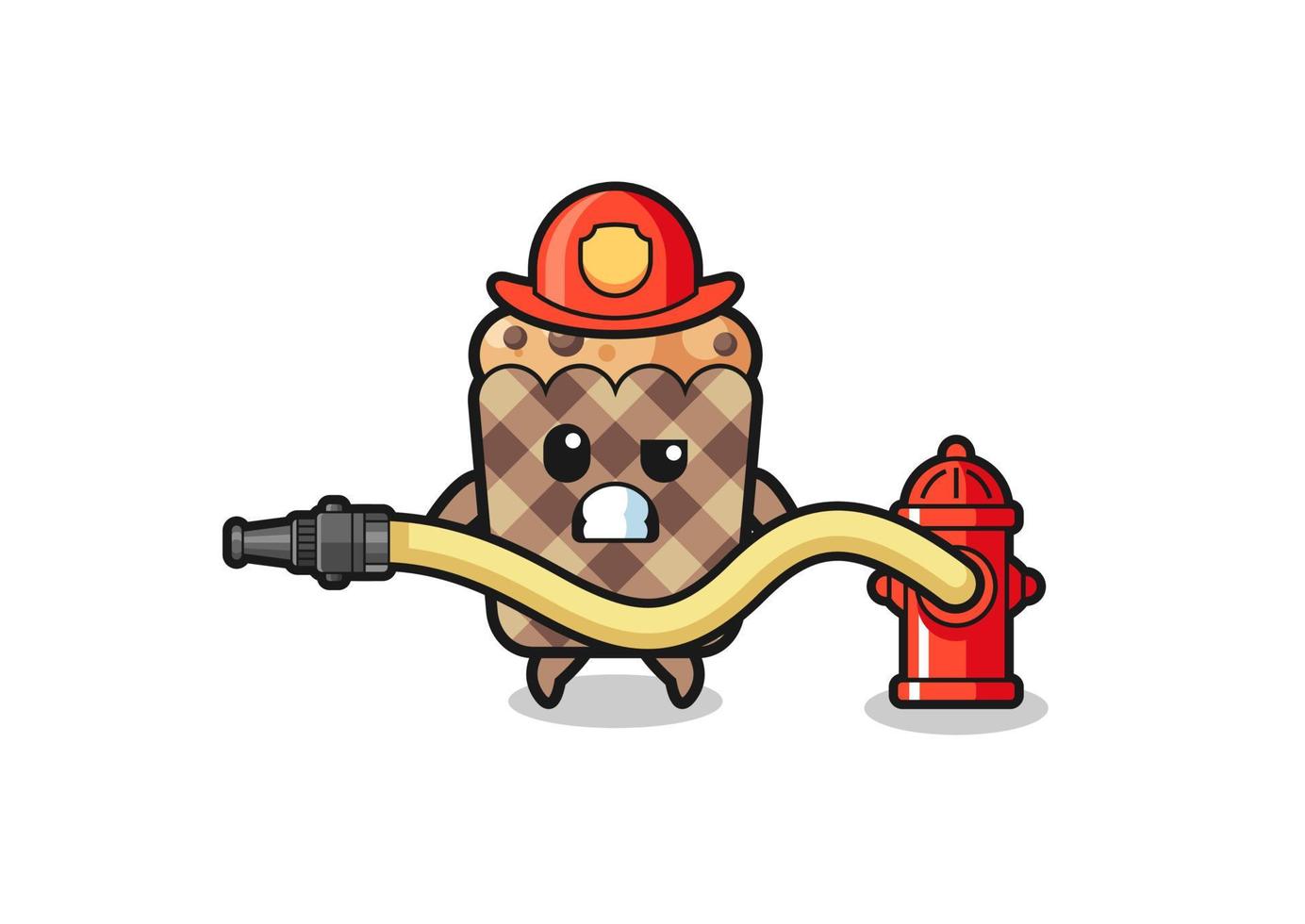 muffin cartoon as firefighter mascot with water hose vector