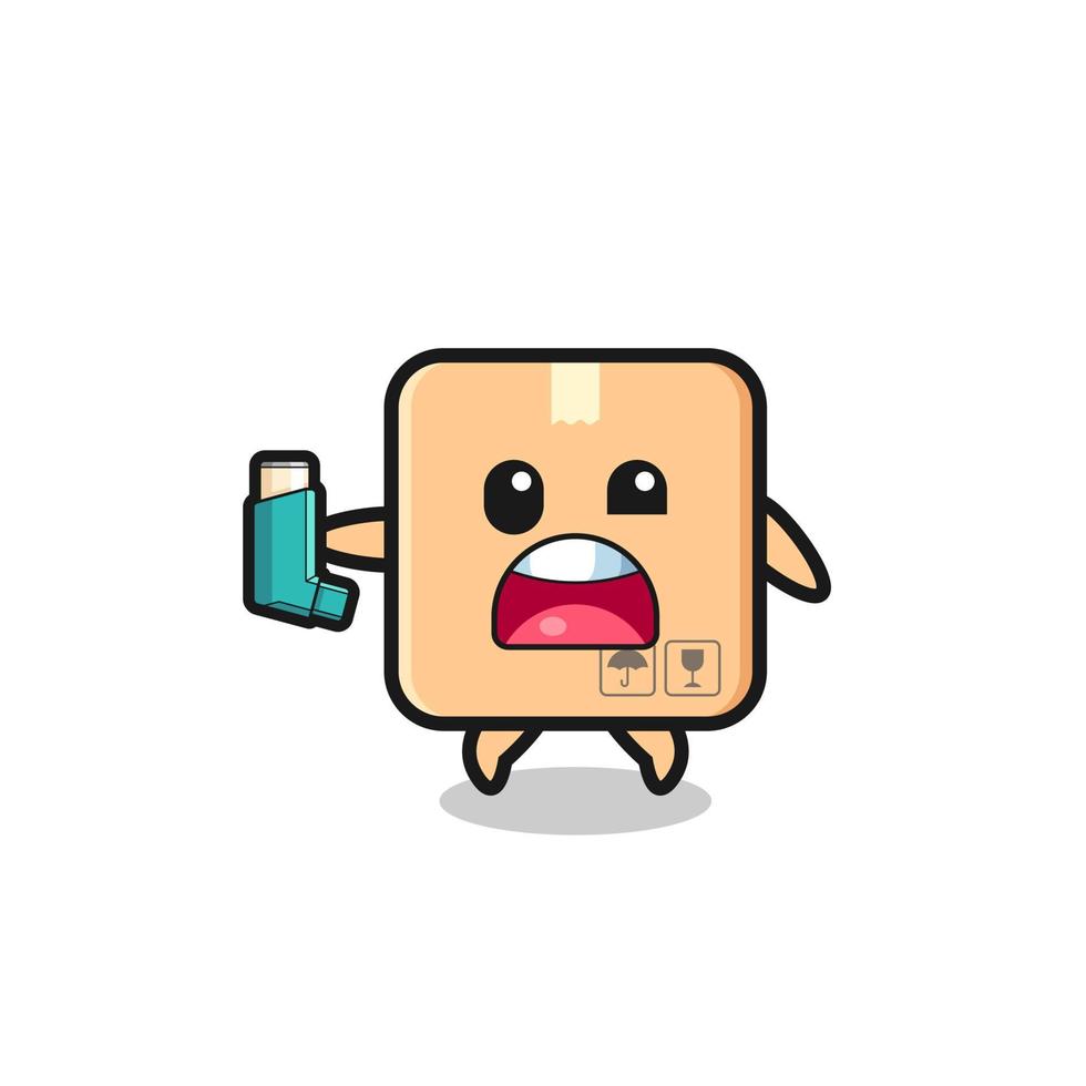 cardboard box mascot having asthma while holding the inhaler vector