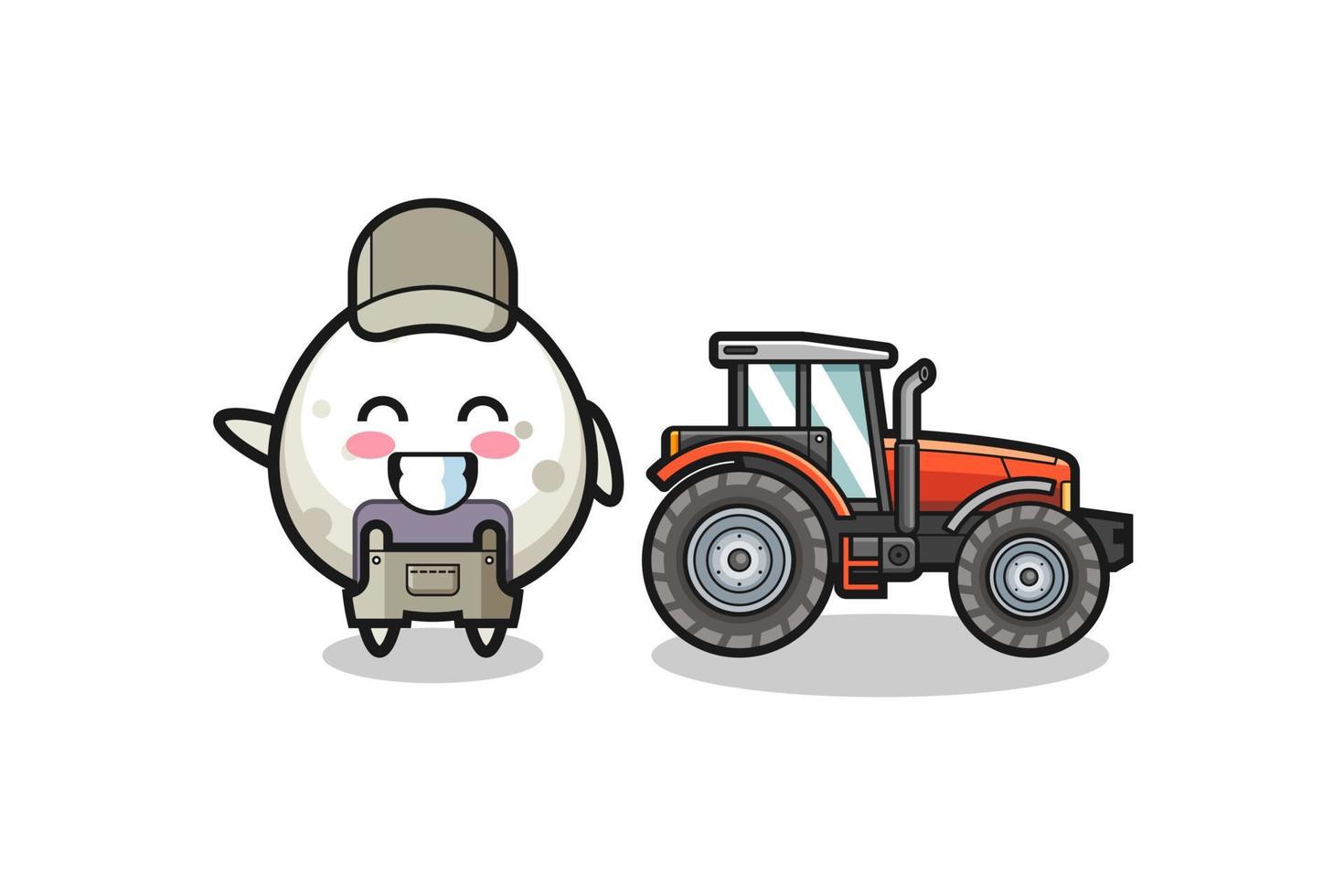 la mascota del granjero onigiri de pie junto a un tractor vector